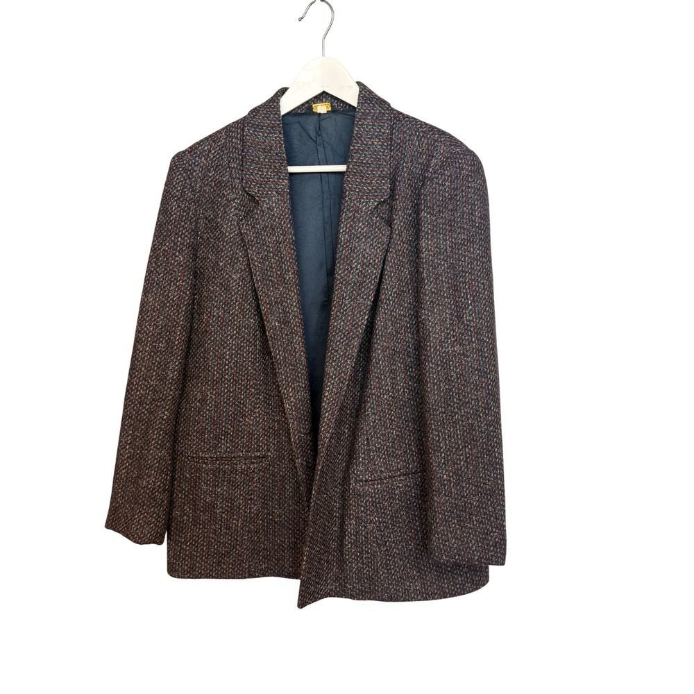 Vintage Tweed Blazer Women 36 Brown Speckled Wool Look 90s Boxy Jacket